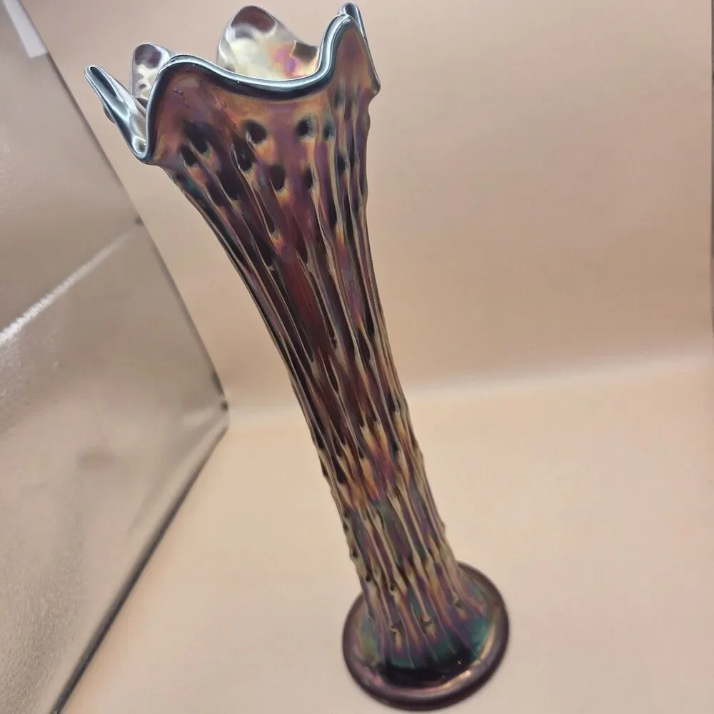 Iridescent Art Glass Ruffled Trumpet Vase Glossy Purple Multicolor 11